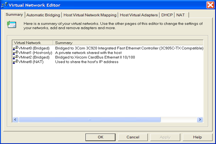 Virtual Network Adapter Summary Window