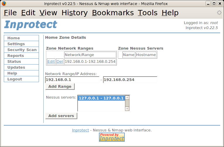 Inprotect Zone - Add Nessus Servers