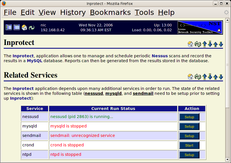 Initial NST WUI Inprotect Page (sendmail down)